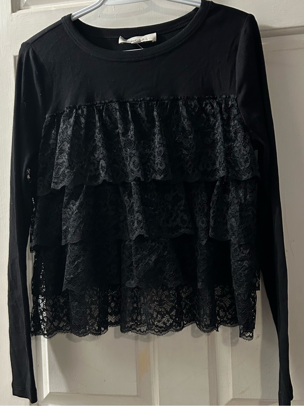 LOFT Black Long-Sleeve Lace Ruffle Top